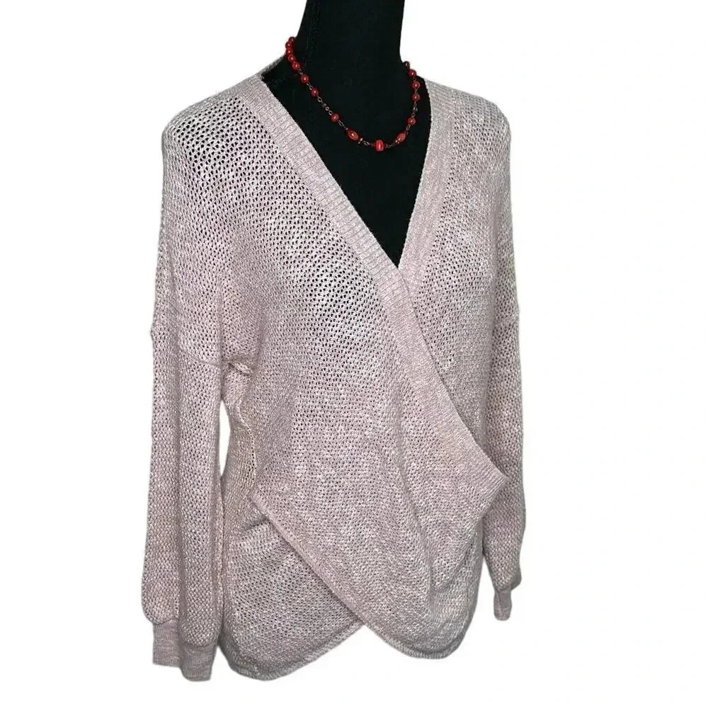 Express women's M pink open knit cross body sweater v-neck‎ long sleeve NWOT